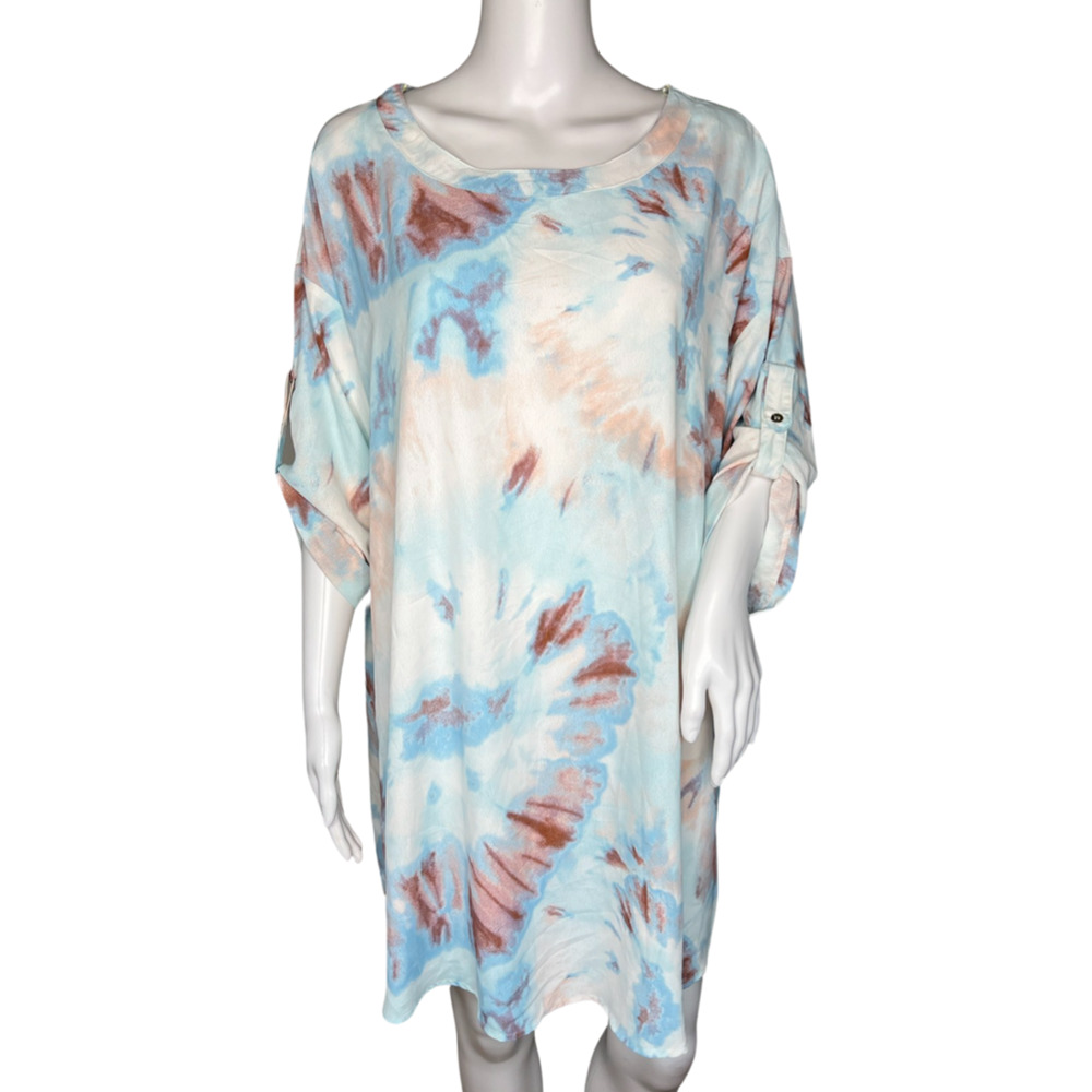 Umgee Dress Womens Medium Blue Red Tie Dye Shift Dress Casual Hippie Colorful